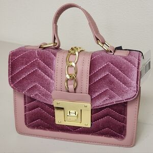 Pink Velvet Handbag with Gold Accents